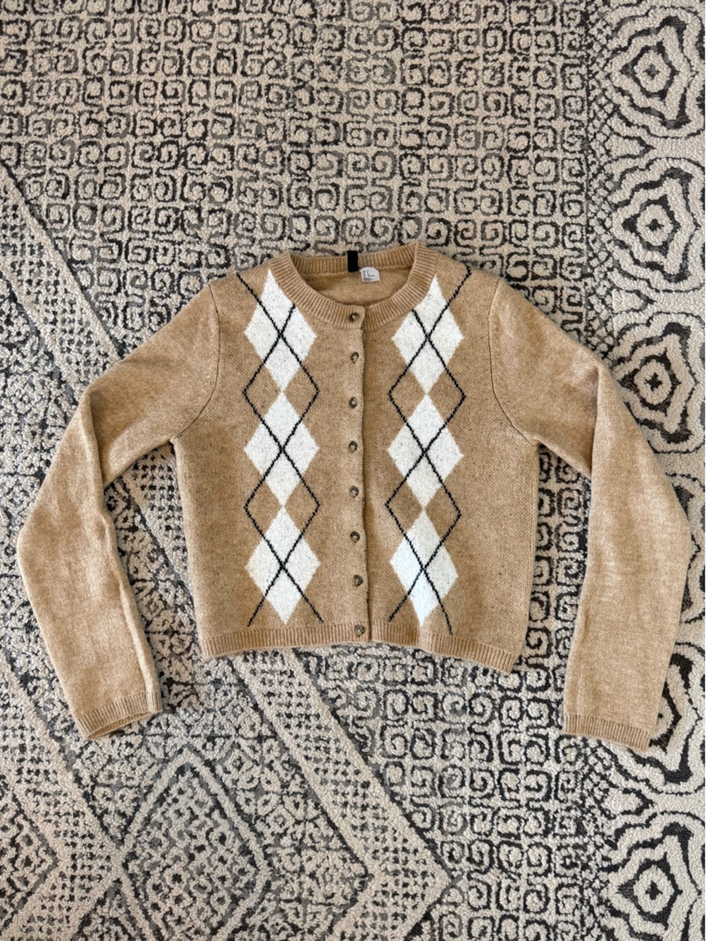 H&M Beige Argyle Button-Up Cardigan with White and Black Diamonds